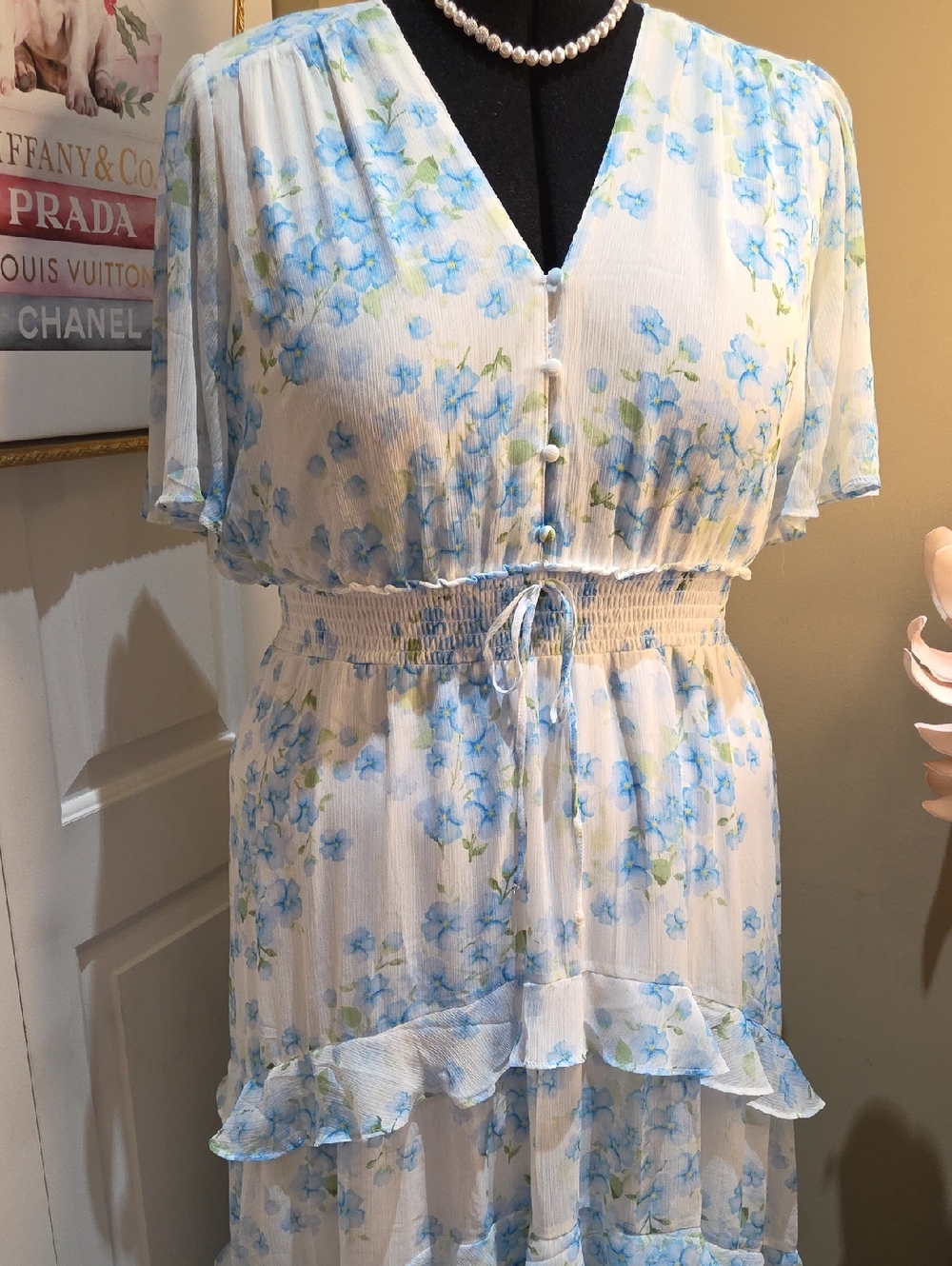 Nwot 2X Tamara H White Maxi Dress with BLUE and Green Floral Print Box 1 - Picture 6 of 17